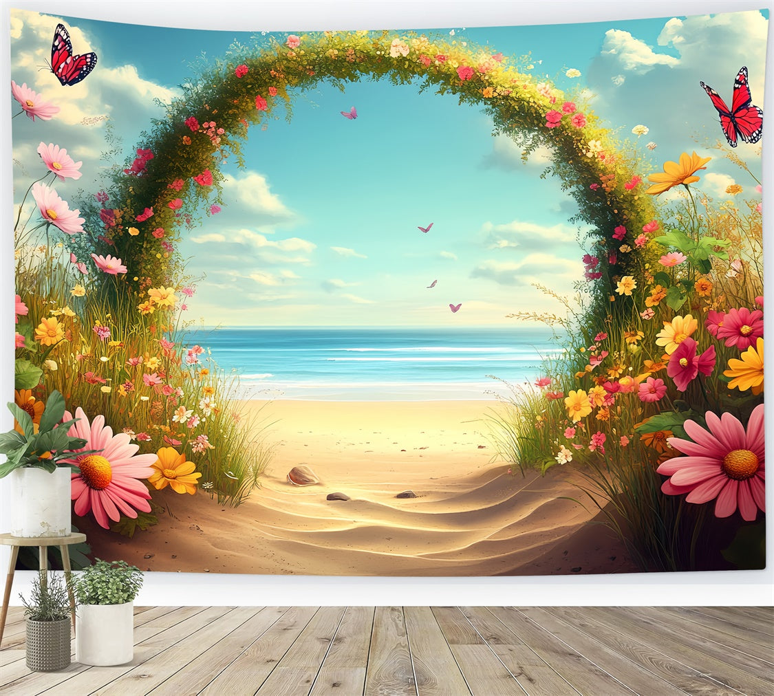 Beach Photo Backdrop Flowers Butterflies Summer Backdrop CSH5-80
