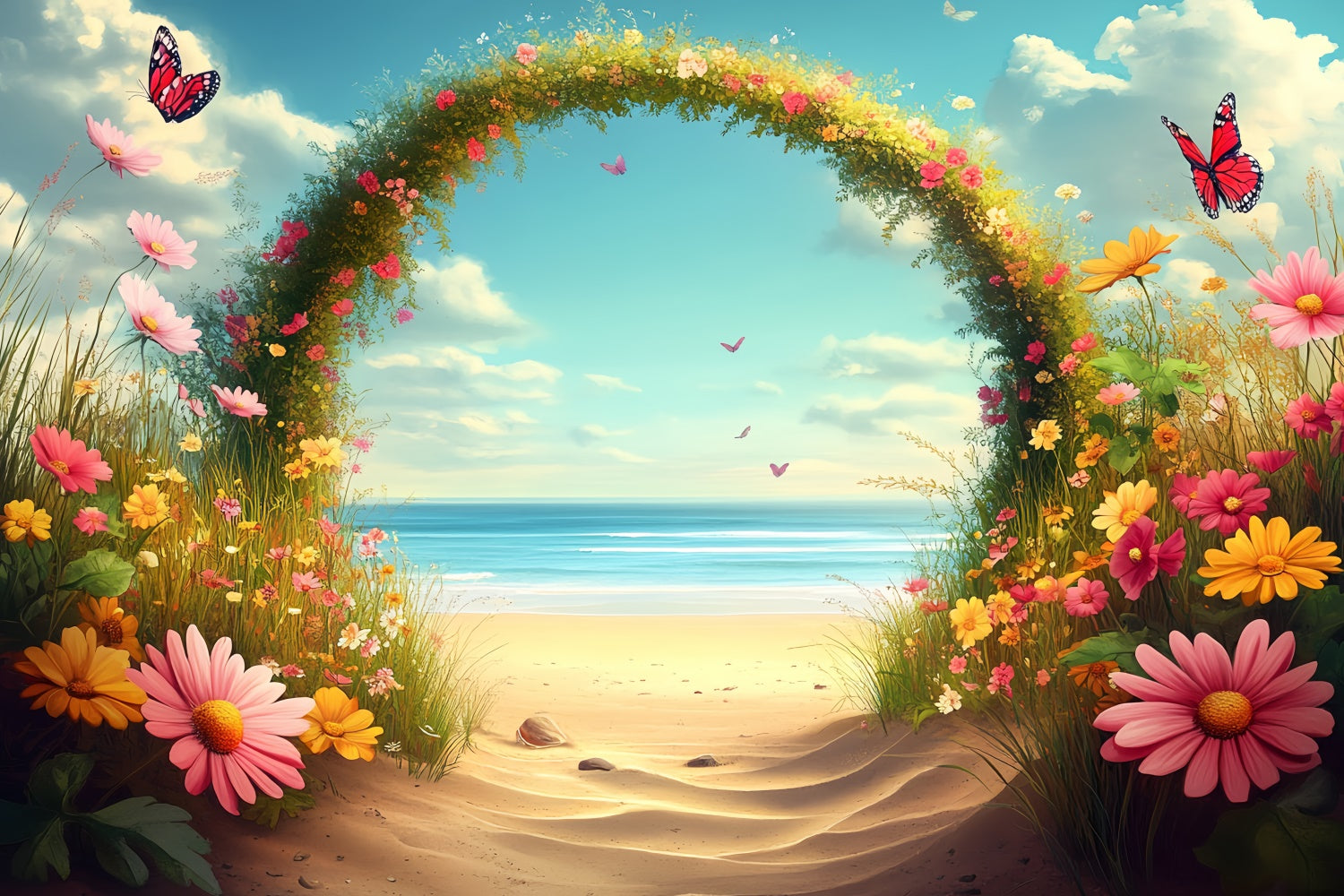 Beach Photo Backdrop Flowers Butterflies Summer Backdrop CSH5-80