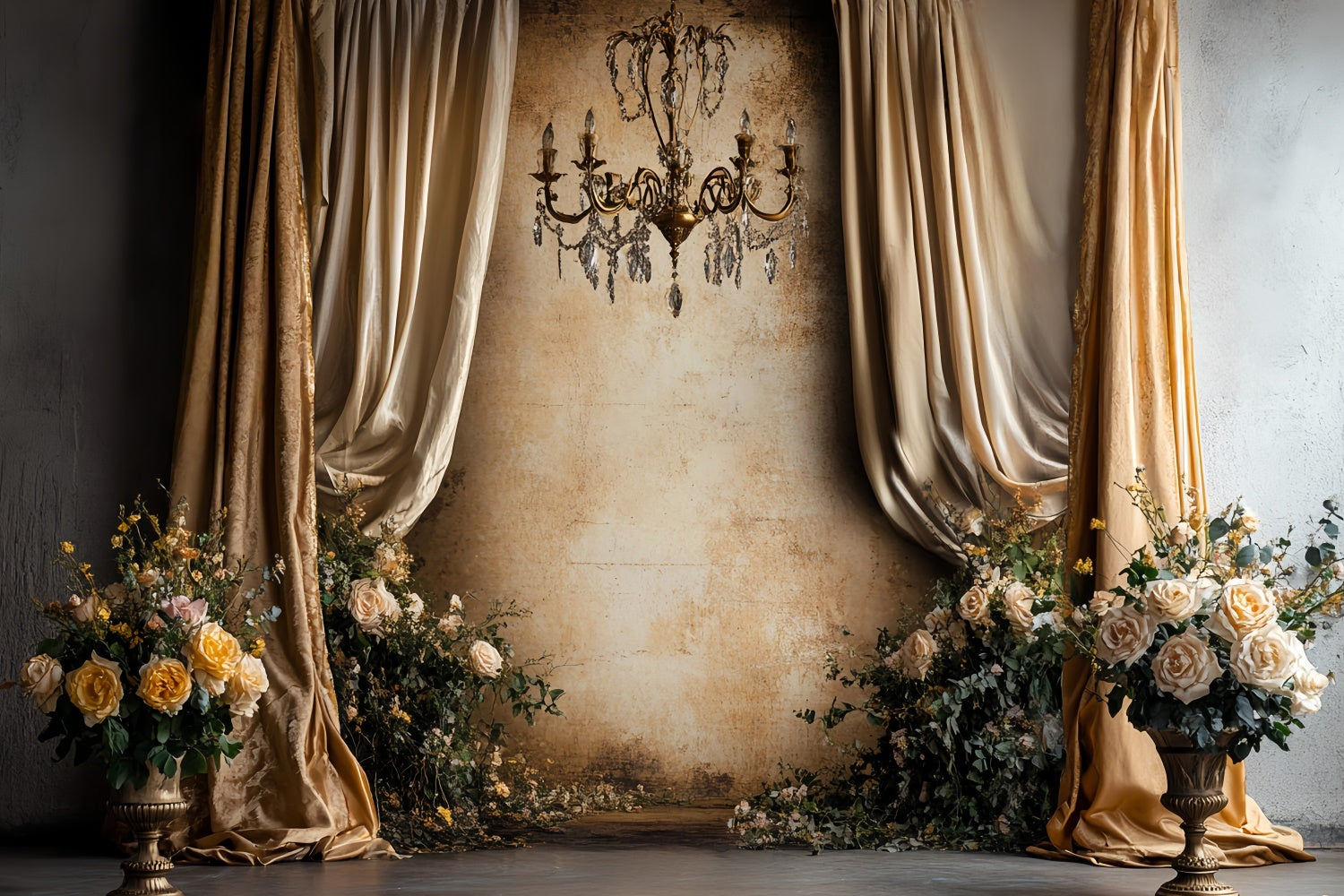 Vintage Wall Backdrop Golden Draped Elegance Baroque Backdrop CSH57-101