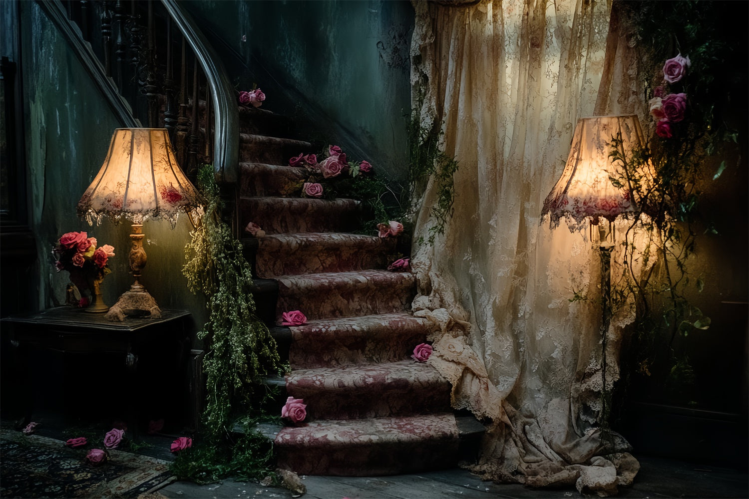 Antique Backdrop Faded Rose Staircase Vintage Photo Backdrop CSH57-108