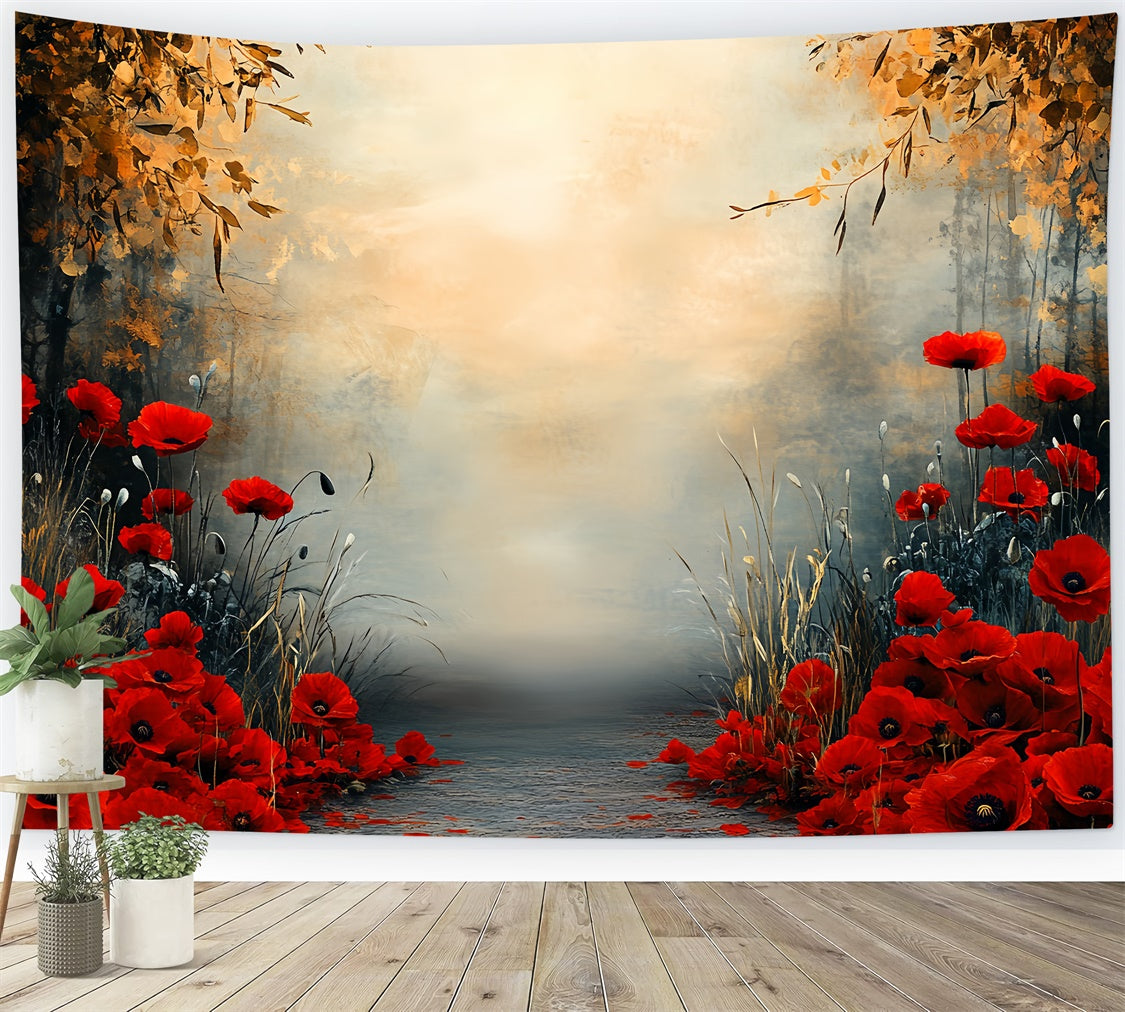 Fall Photography Backdrops Red Bloom Fall Pathway Backdrop CSH57-199