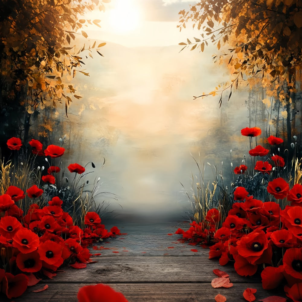 Fall Photography Backdrops Red Bloom Fall Pathway Backdrop CSH57-199