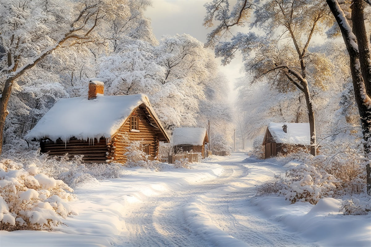 Winter Snow Backdrop Snowy Log Cabin Trail Backdrop CSH57-238