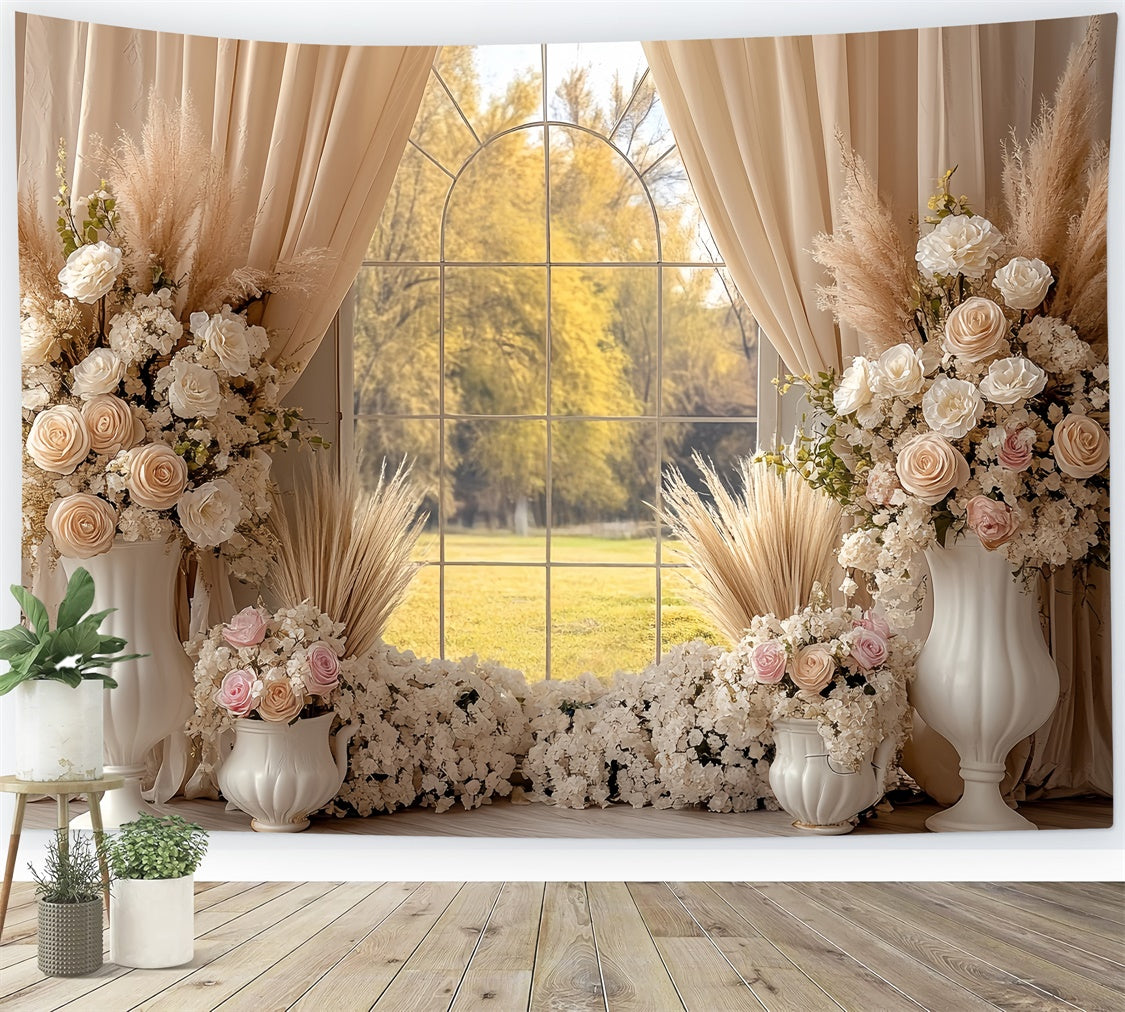 Boho Photo Backdrop Cream Rose Window Garden Backdrop CSH57-294