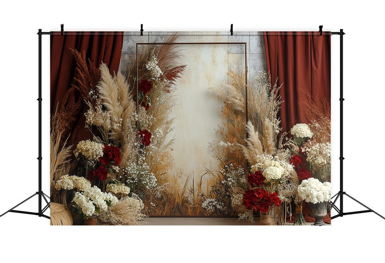 Boho Backdrop Rustic Red Curtain Floral Backdrop CSH57-298