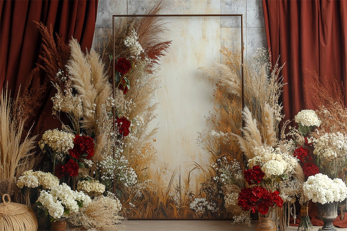 Boho Backdrop Rustic Red Curtain Floral Backdrop CSH57-298