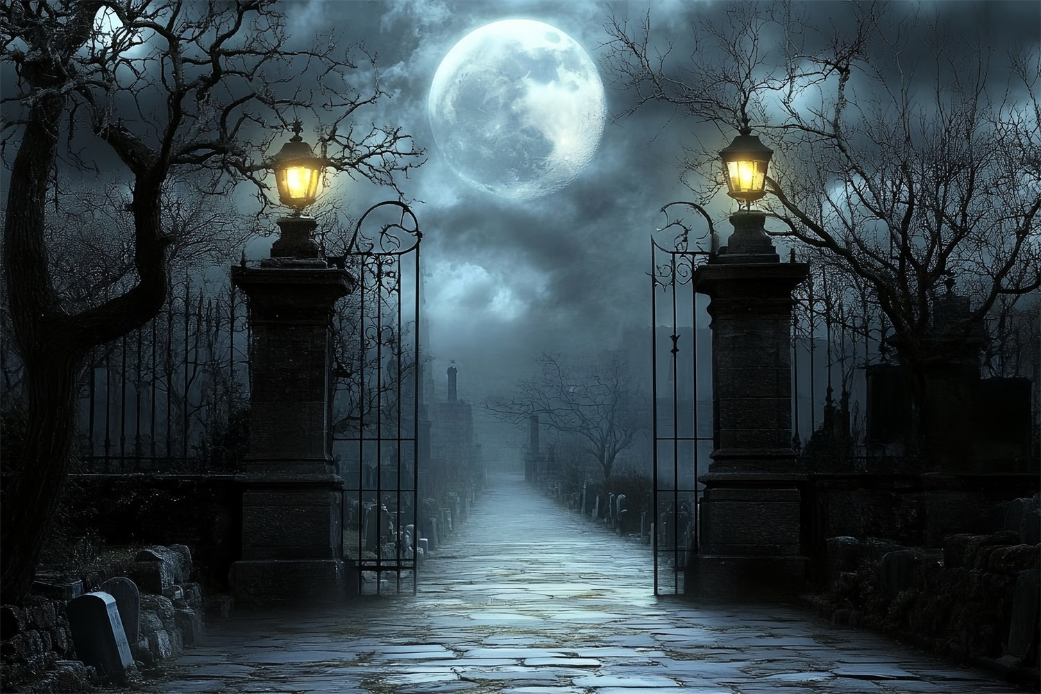 Halloween Photo Backdrop Moonlit Cemetery Gate Backdrop CSH57-63