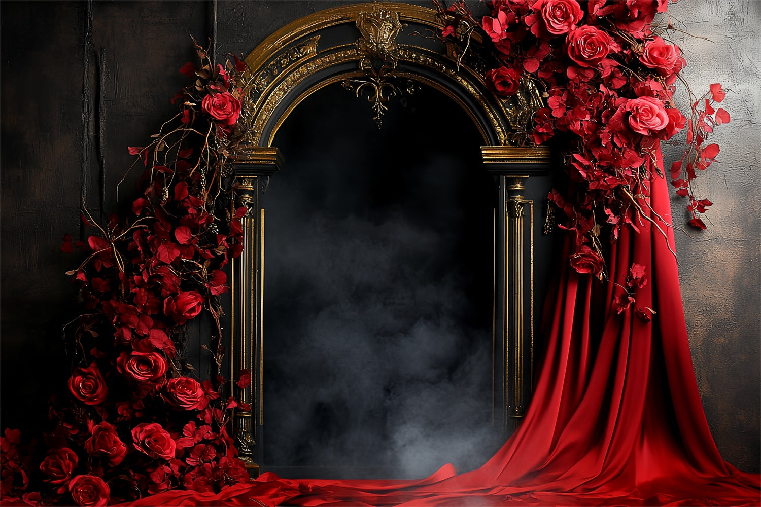 Vintage Backdrops Golden Arch Crimson Roses Backdrop CSH57-86