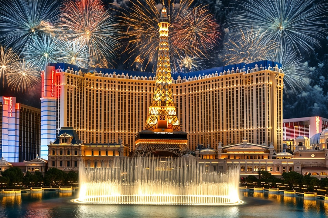 Las Vegas Backdrop Sparkling Fireworks Deluxe Fountain Paris Hotel Vegas Photo backdrop CSH58-10