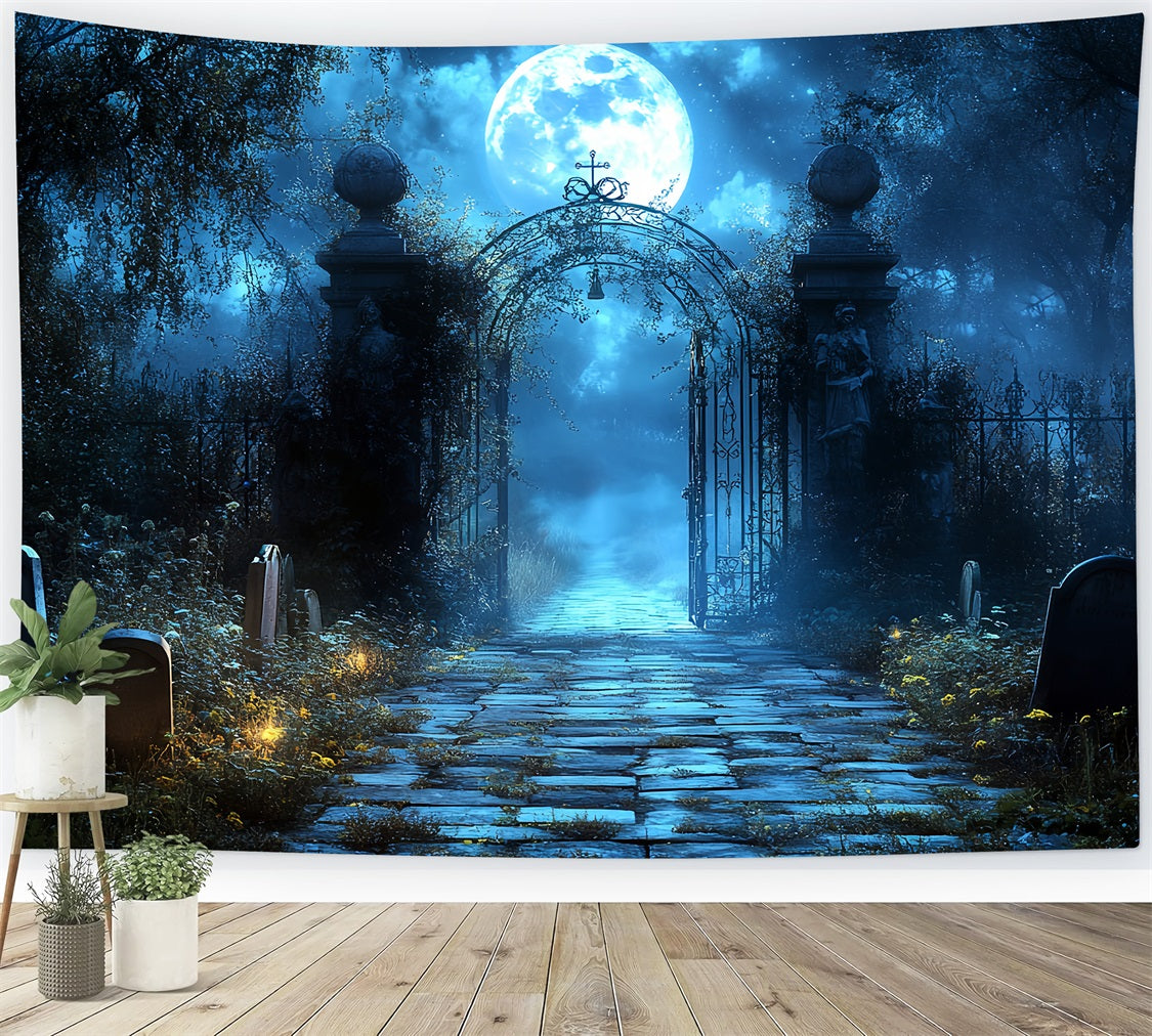 Graveyard Backdrop Blue Moon Cemetery Arch Halloween Photo Backdrops CSH58-100