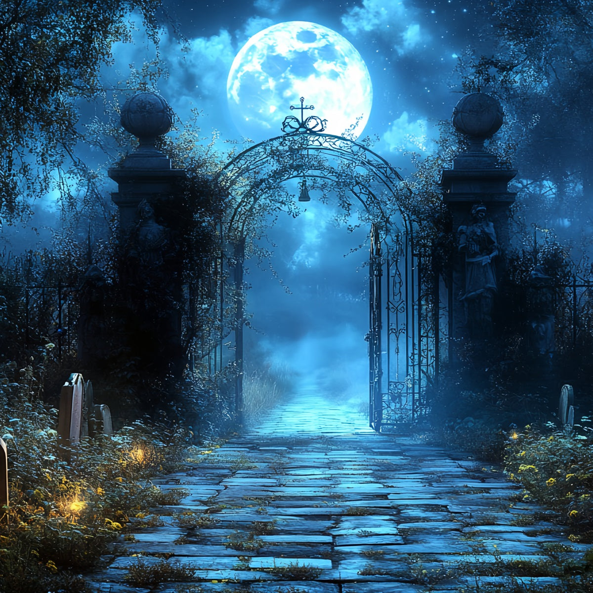 Graveyard Backdrop Blue Moon Cemetery Arch Halloween Photo Backdrops CSH58-100