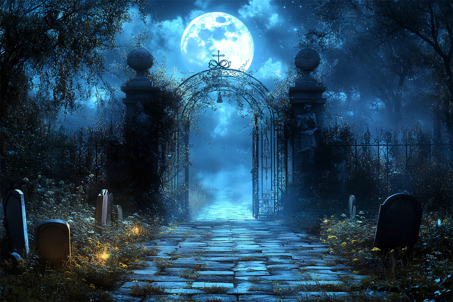 Graveyard Backdrop Blue Moon Cemetery Arch Halloween Photo Backdrops CSH58-100