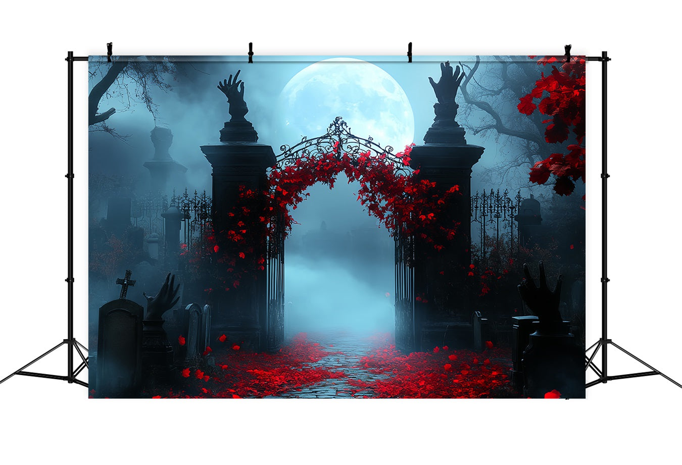 Graveyard Backdrop Crimson Ivy Moonlit Gate Halloween Photo Booth Backdrop CSH58-101
