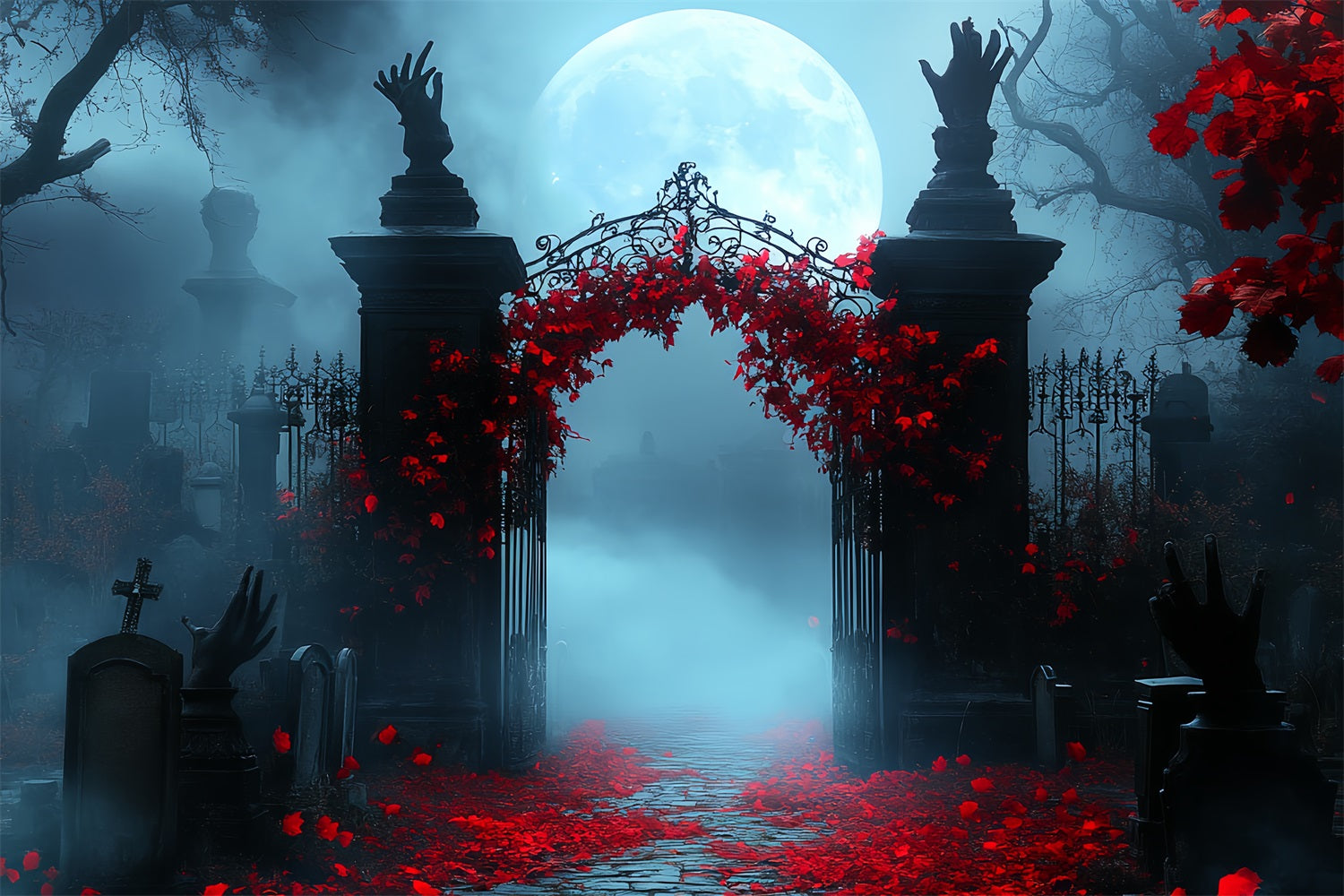 Graveyard Backdrop Crimson Ivy Moonlit Gate Halloween Photo Booth Backdrop CSH58-101