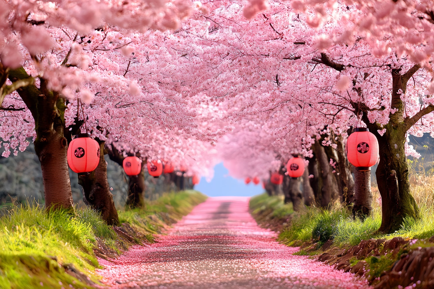Cherry Blossom Backdrop Sakura Pathway Lantern Rows Spring Flower Backdrop CSH58-106