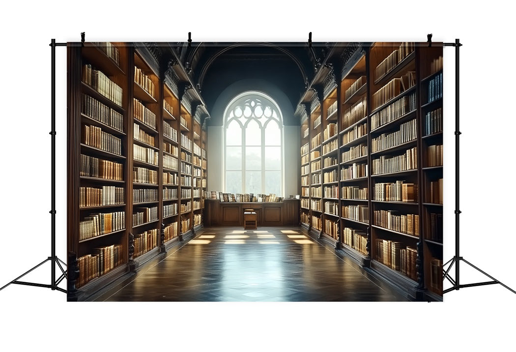 Library Backdrop Golden Aisle Library Bookshelves School Photo Backdrop CSH58-107