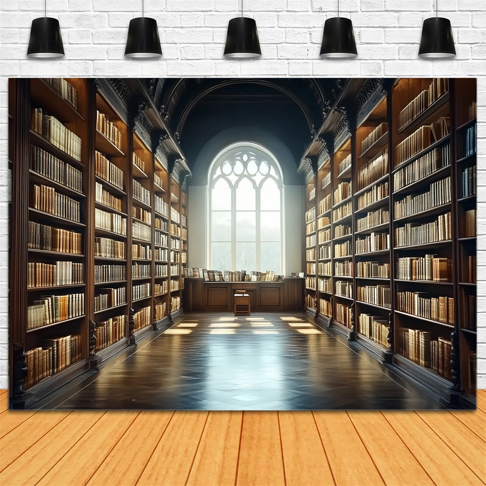 Library Backdrop Golden Aisle Library Bookshelves School Photo Backdro