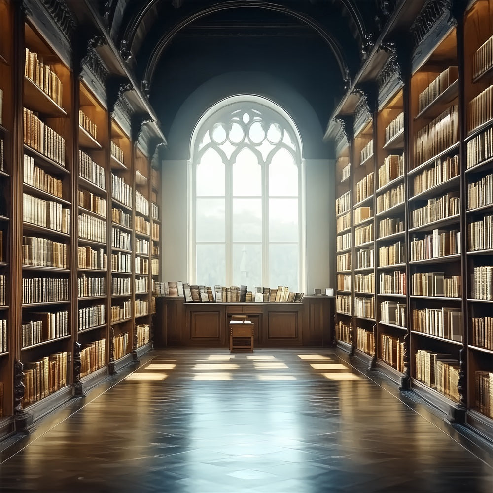 Library Backdrop Golden Aisle Library Bookshelves School Photo Backdrop CSH58-107