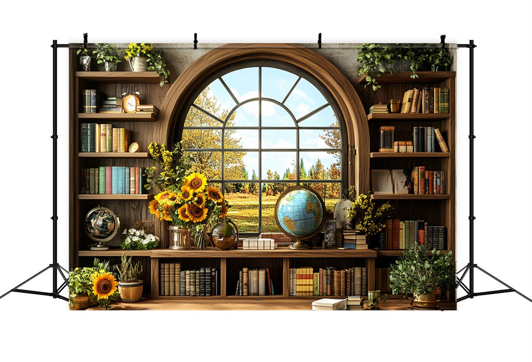 Bookshelf Backdrop Sunflower Library Autumn Window School Picture Backdrop CSH58-117