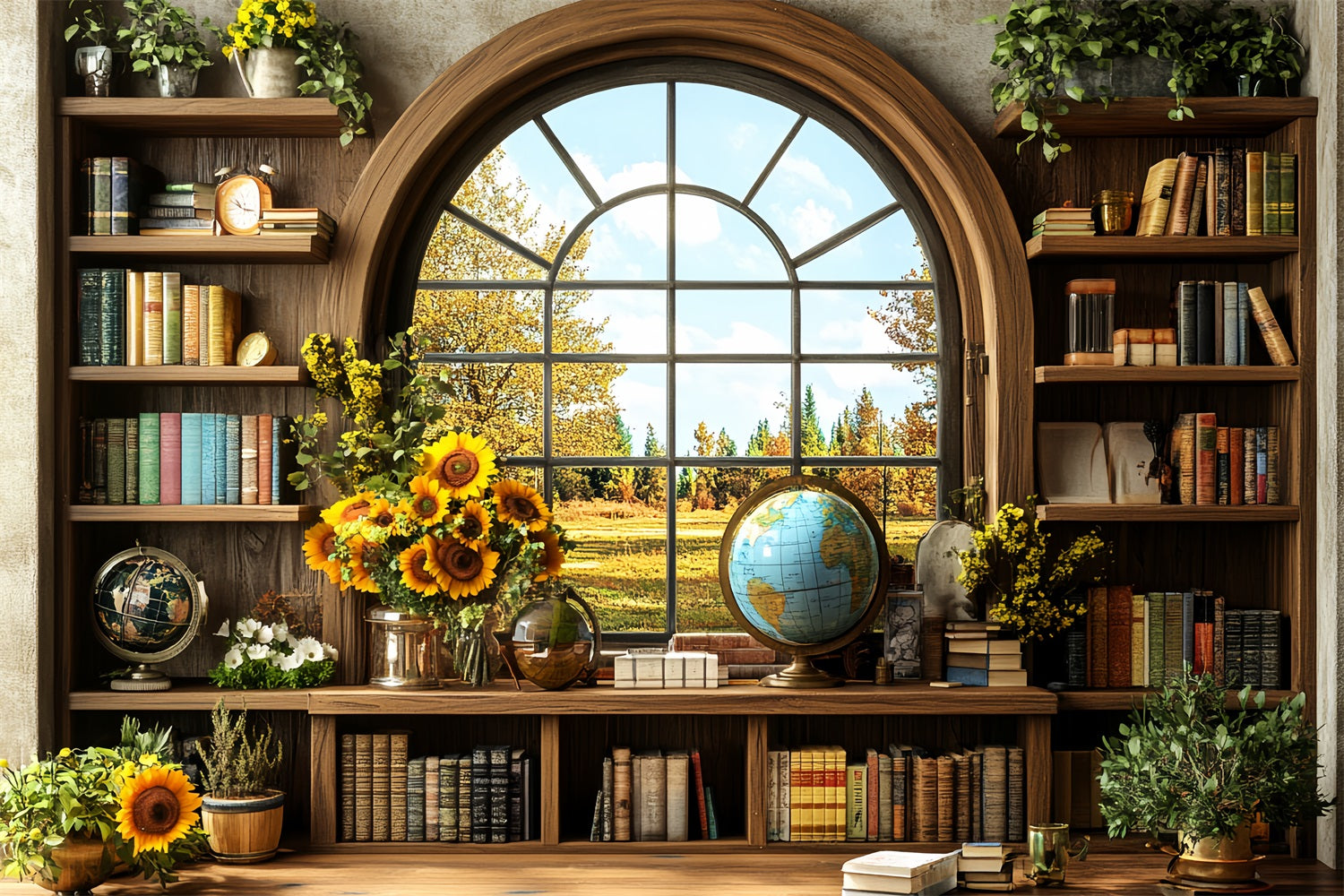 Bookshelf Backdrop Sunflower Library Autumn Window School Picture Backdrop CSH58-117