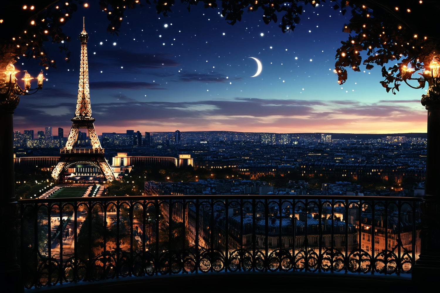 Eiffel Tower Backdrop Romantic Starry Night Paris Photo Backdrop CSH58-12
