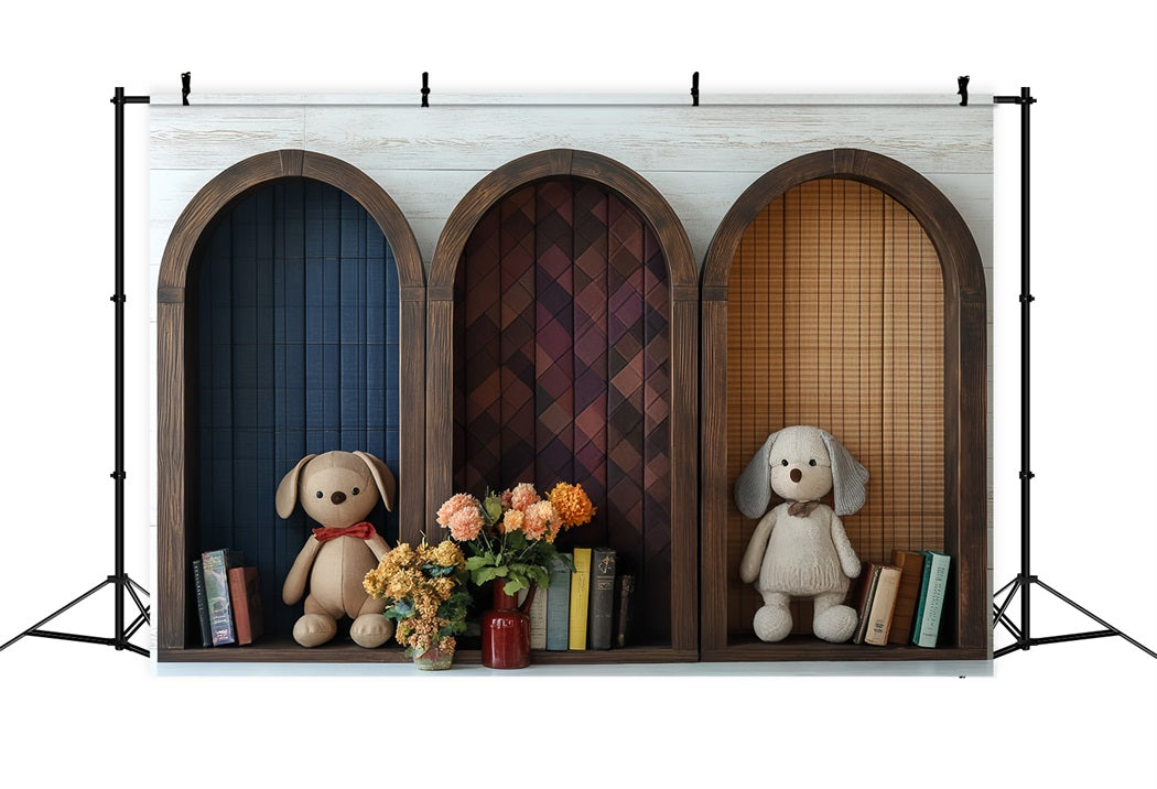 Bookshelf Backdrop Arched Shelf Plush Toys Books Back to School Backdrop CSH58-121