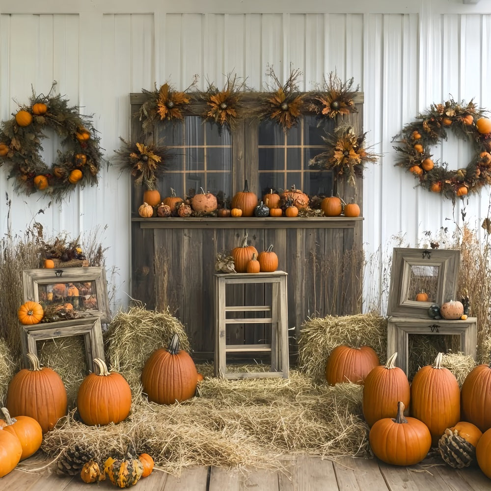 Thanksgiving Backdrop Pumpkin Wreath Rustic Barn Backdrop For Thanksgiving CSH58-122