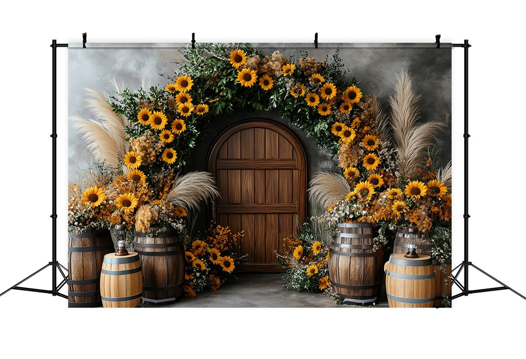 Sunflower Backdrop Wood Door Barrel Rustic Arch Thanksgiving Backdrop Ideas CSH58-127