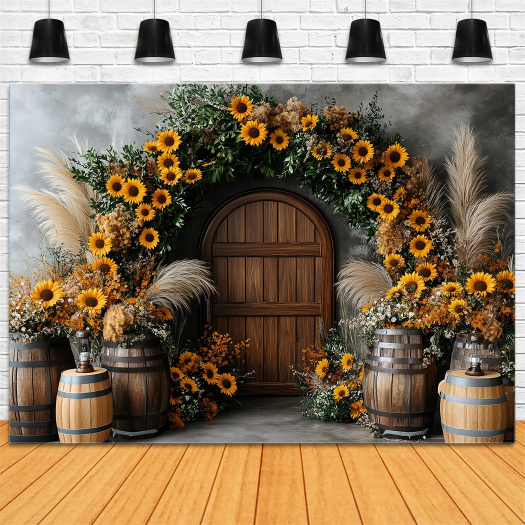Sunflower Backdrop Wood Door Barrel Rustic Arch Thanksgiving Backdrop Ideas CSH58-127