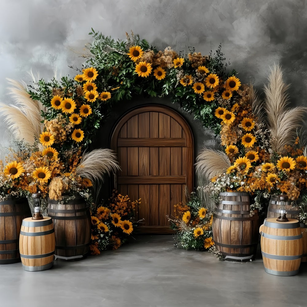 Sunflower Backdrop Wood Door Barrel Rustic Arch Thanksgiving Backdrop Ideas CSH58-127