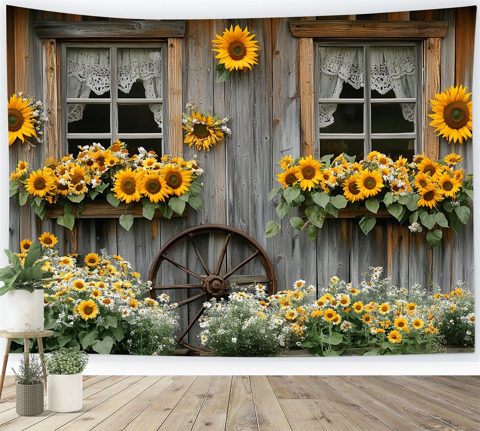 Sunflower Backdrop Rustic Cottage Window Bloom Thanksgiving Backdrop CSH58-128