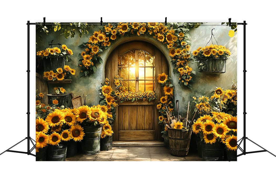 Sunflower Backdrop Garden Wood Door Sunset Backdrop For Thanksgiving CSH58-129