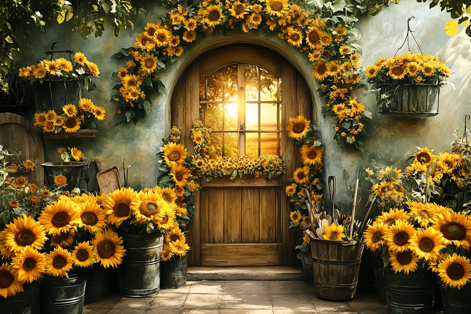 Sunflower Backdrop Garden Wood Door Sunset Backdrop For Thanksgiving CSH58-129