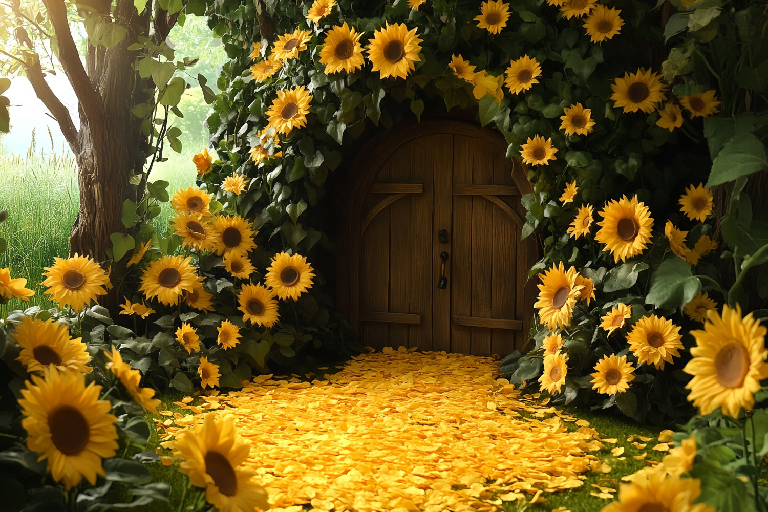Sunflower Backdrop Cabin Doorway Petal Path Happy Thanksgiving Backdrop CSH58-130