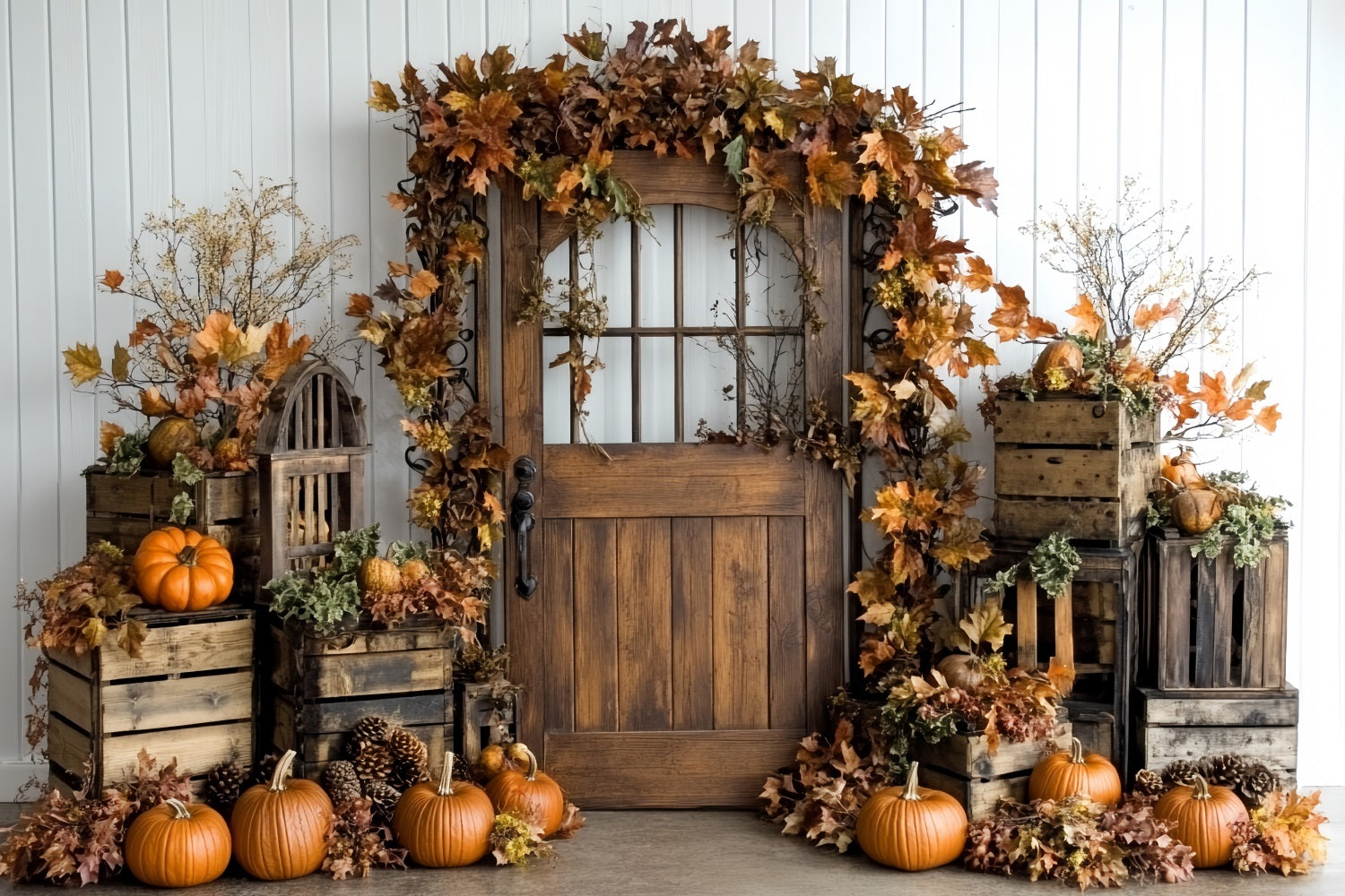 Thanksgiving Photo Backdrop Pumpkin Crate Autumn Leaves Thanksgiving Backdrop CSH58-132