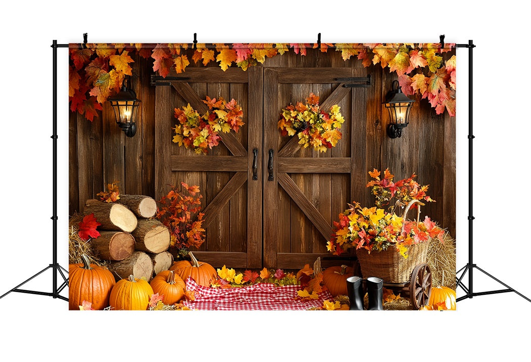 Rustic Backdrop Barn Door Autumn Leaves Thanksgiving Picture Backdrop CSH58-137