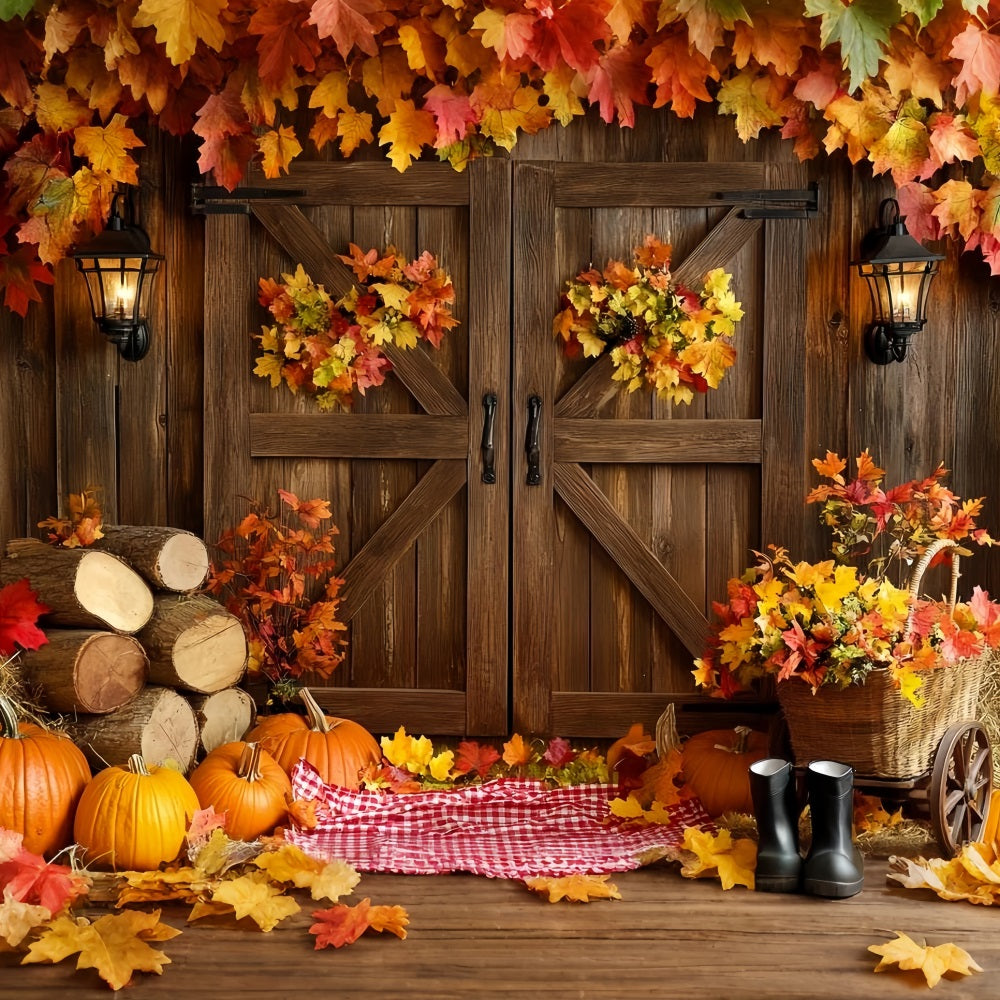 Rustic Backdrop Barn Door Autumn Leaves Thanksgiving Picture Backdrop CSH58-137