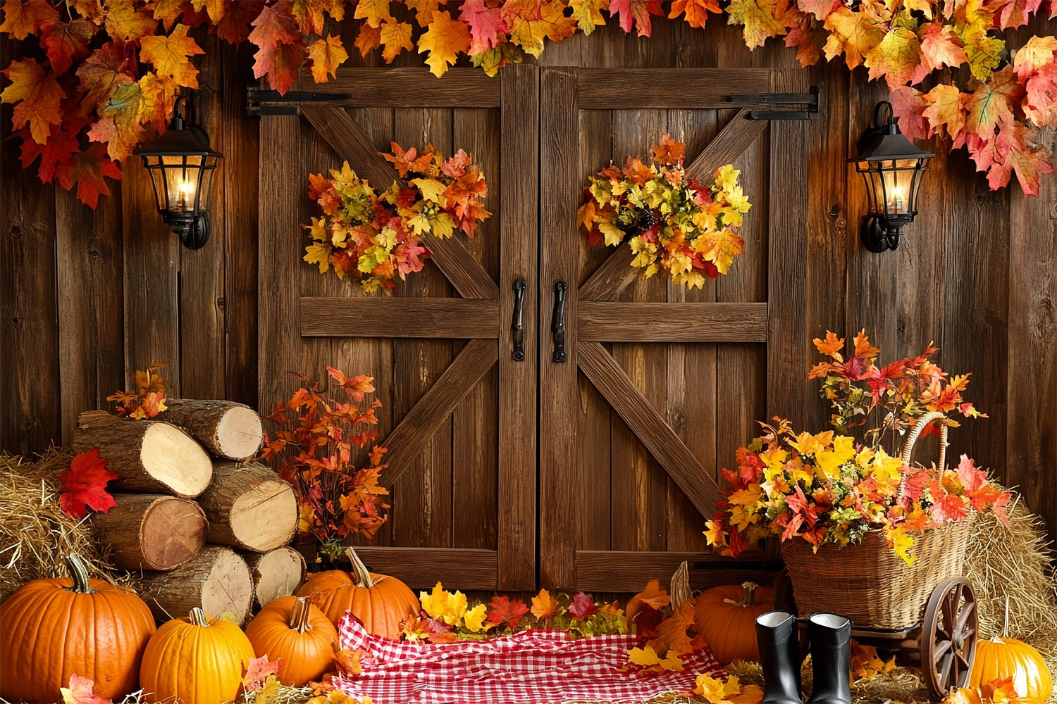 Rustic Backdrop Barn Door Autumn Leaves Thanksgiving Picture Backdrop CSH58-137