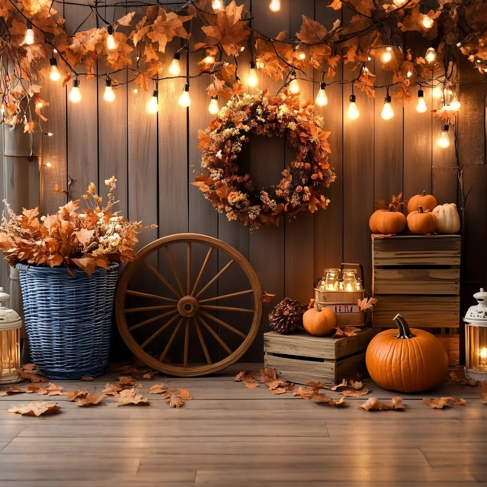 Rustic Backdrop Autumn Wreath Pumpkin Lanterns Thanksgiving Backdrop CSH58-138