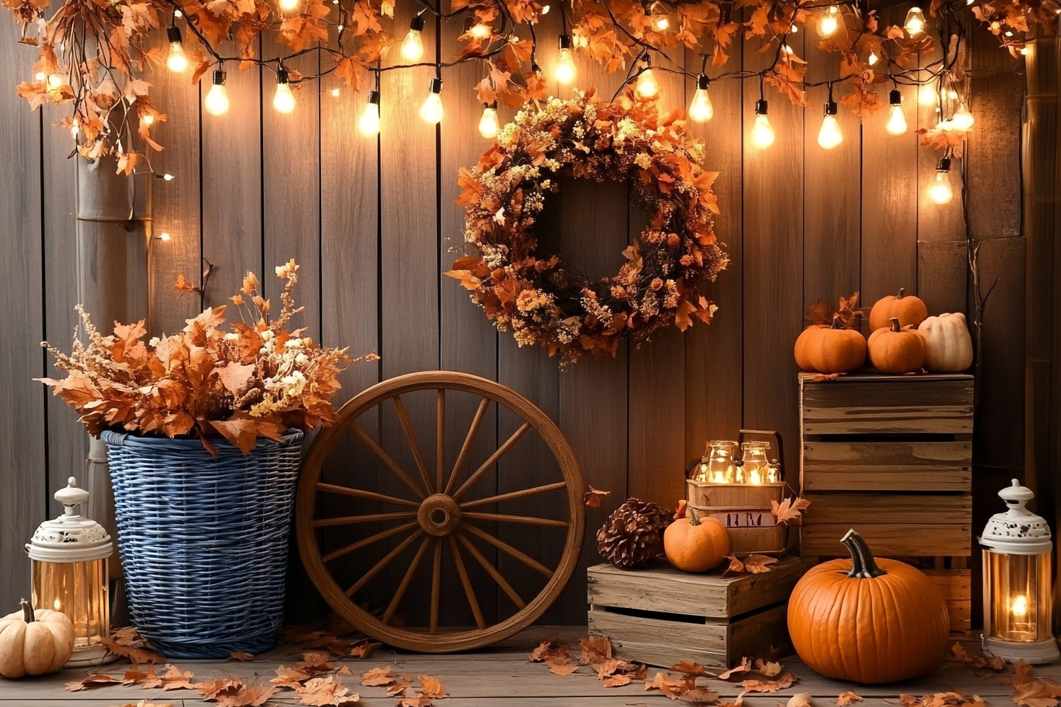 Rustic Backdrop Autumn Wreath Pumpkin Lanterns Thanksgiving Backdrop CSH58-138
