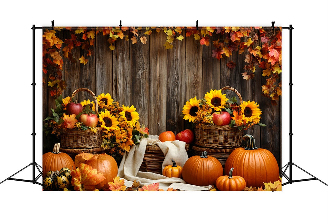 Rustic Backdrop Sunflower Apple Basket Pumpkins Thanksgiving Day Backdrop CSH58-139