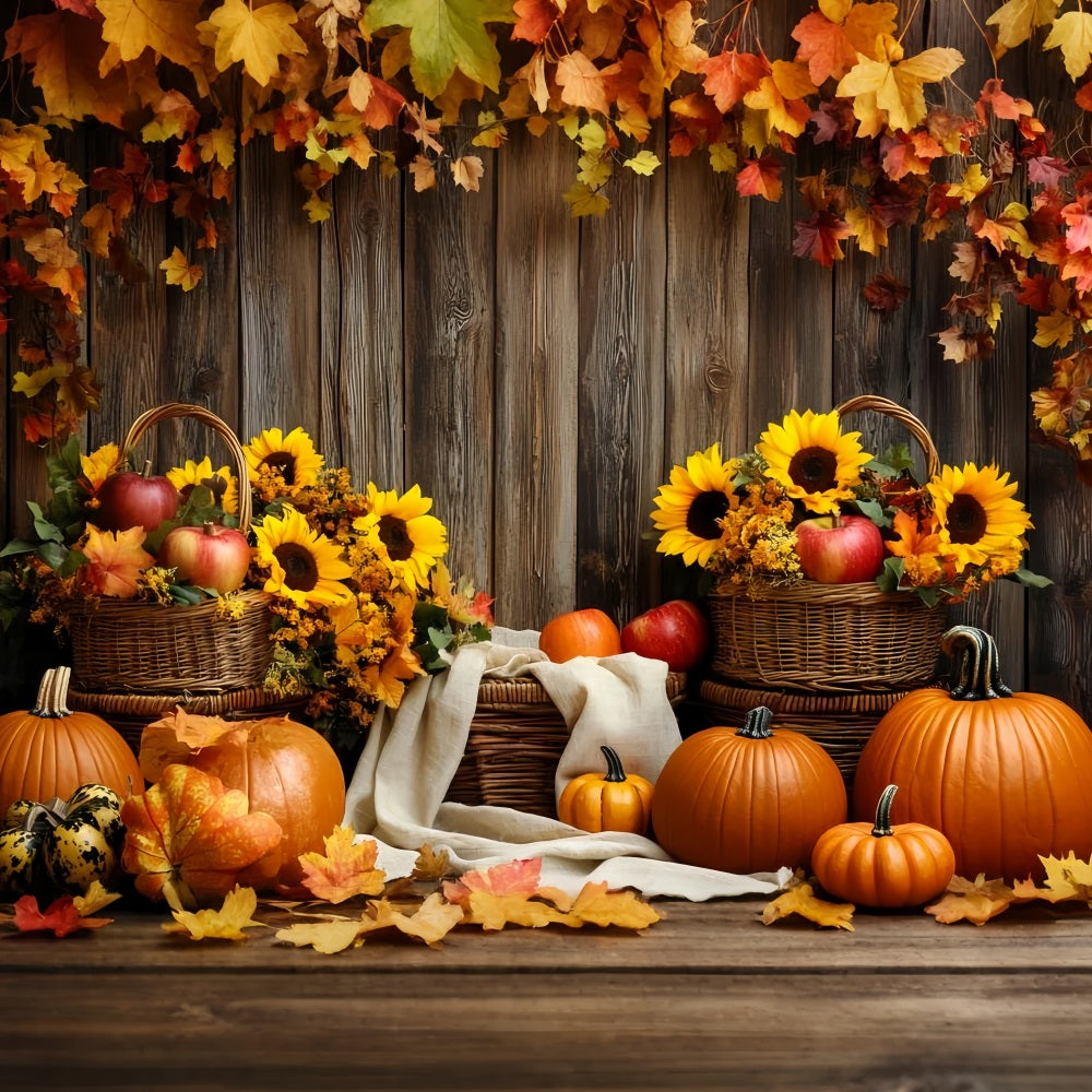 Rustic Backdrop Sunflower Apple Basket Pumpkins Thanksgiving Day Backdrop CSH58-139