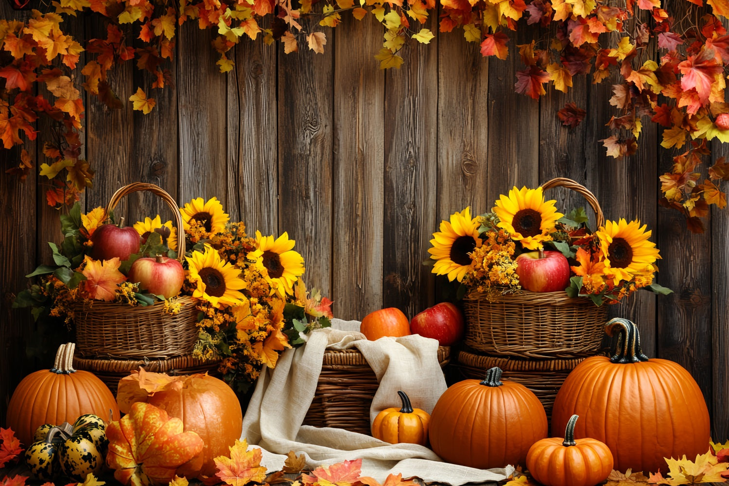 Rustic Backdrop Sunflower Apple Basket Pumpkins Thanksgiving Day Backdrop CSH58-139