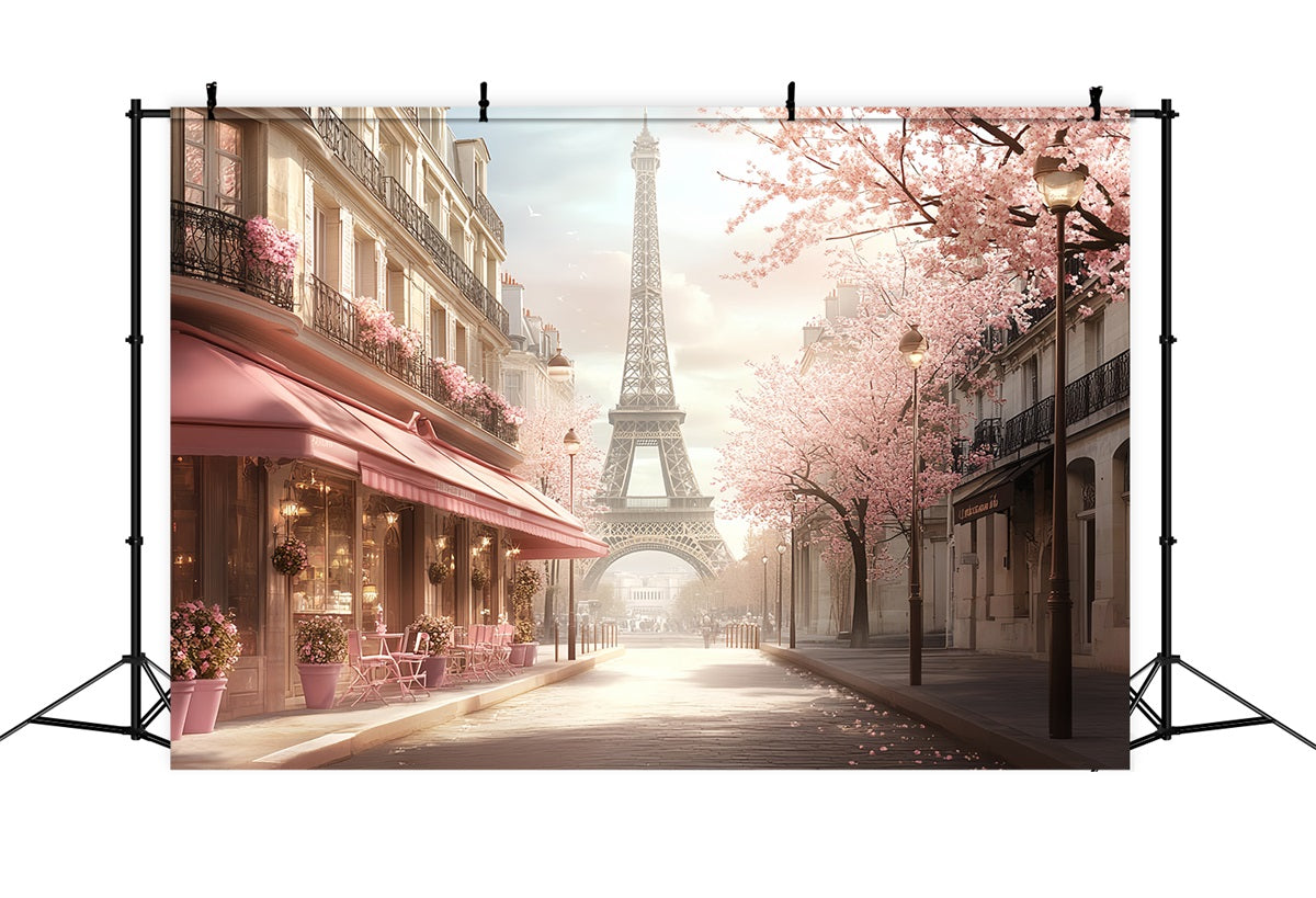 Eiffel Tower Backdrop Romantic Spring Pink Blossom Street Paris Cafe Photo Backdrop CSH58-14