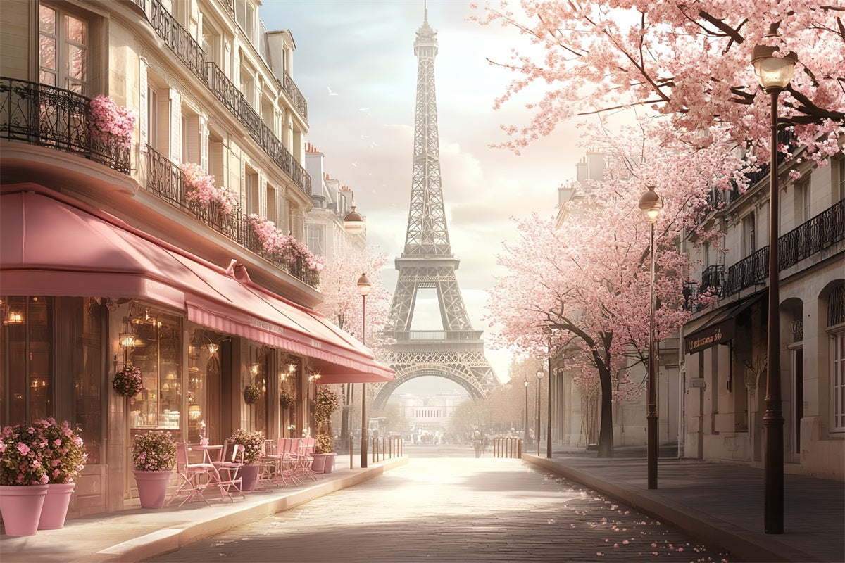 Eiffel Tower Backdrop Romantic Spring Pink Blossom Street Paris Cafe Photo Backdrop CSH58-14
