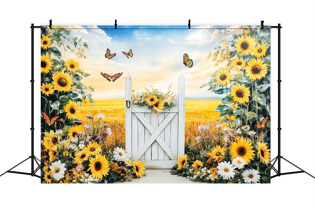 Rustic Backdrop Sunflower Meadow White Gate Thanksgiving Backdrop Ideas CSH58-140
