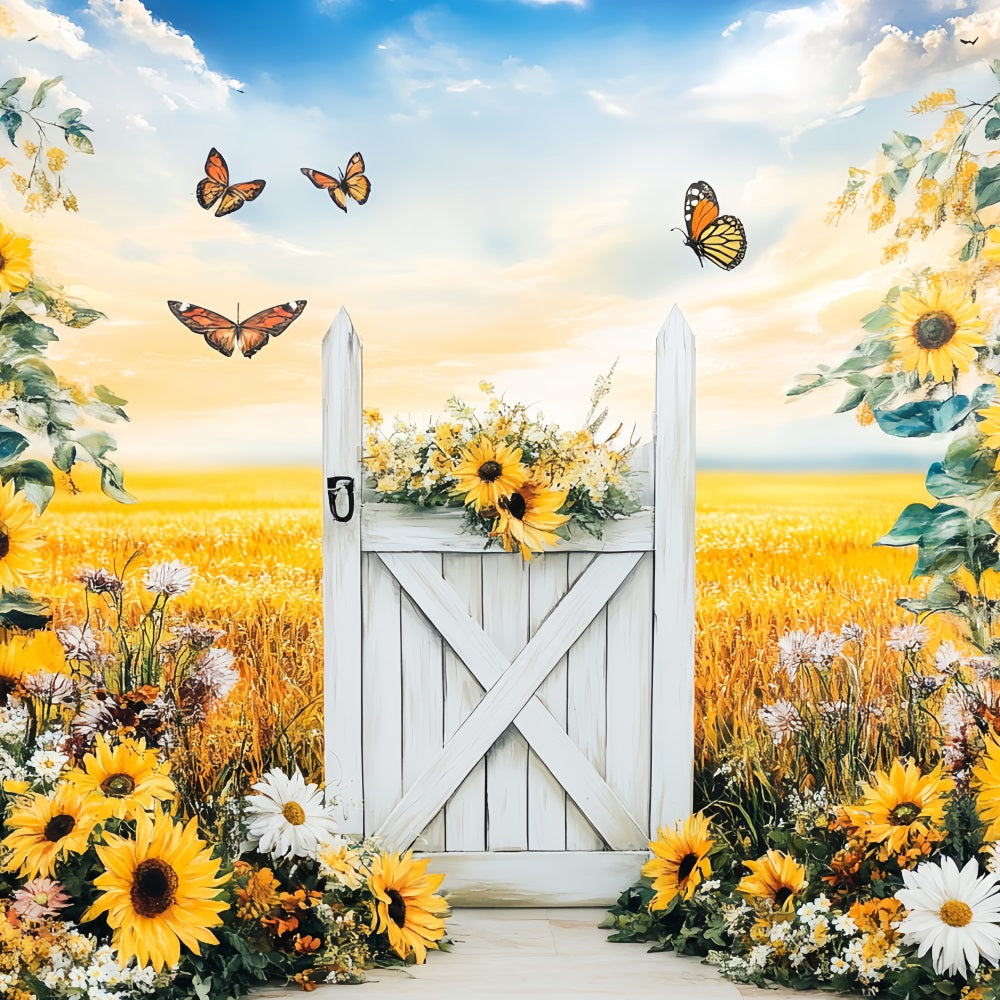 Rustic Backdrop Sunflower Meadow White Gate Thanksgiving Backdrop Ideas CSH58-140