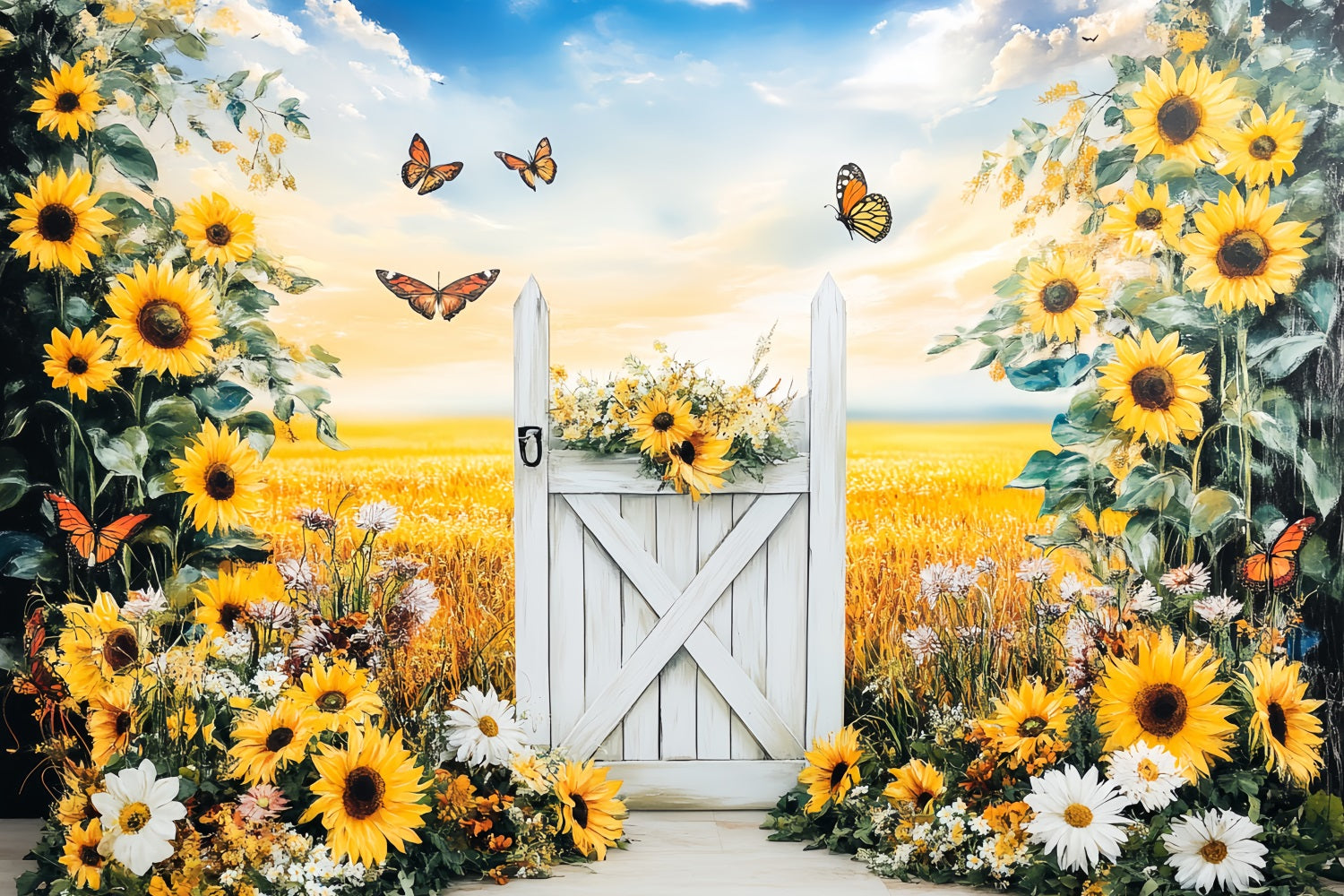 Rustic Backdrop Sunflower Meadow White Gate Thanksgiving Backdrop Ideas CSH58-140