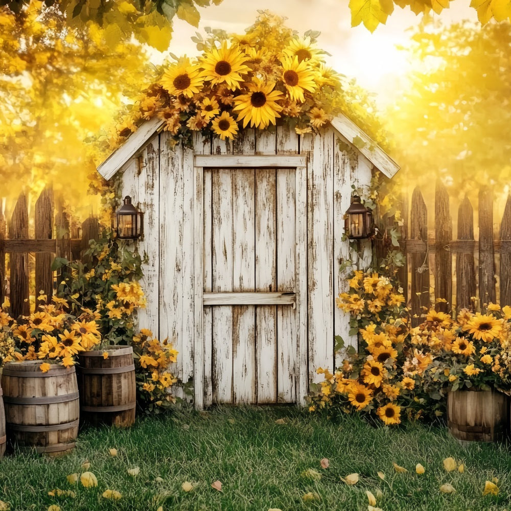 Rustic Backdrop Rustic Shed Sunflower Barrels Backdrop For Thanksgiving CSH58-141