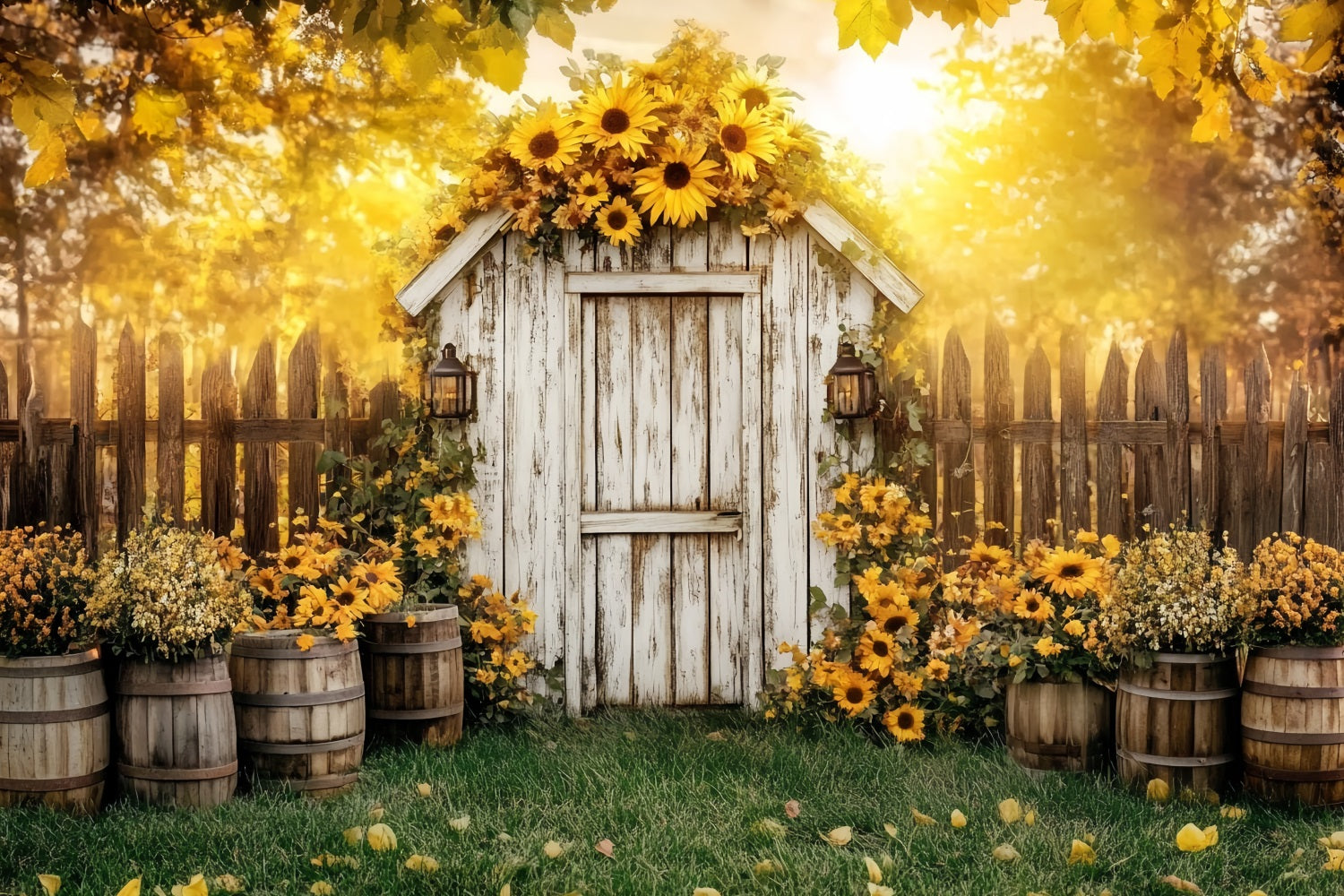 Rustic Backdrop Rustic Shed Sunflower Barrels Backdrop For Thanksgiving CSH58-141